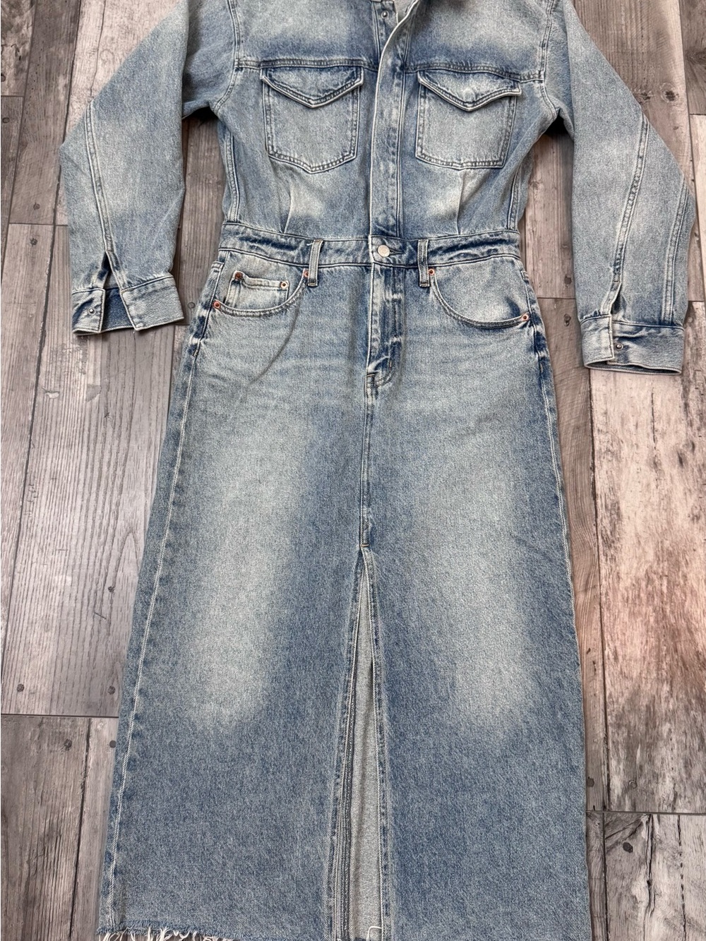 Pistola Amira Midi Dress Denim Dress Long Sleeve Maxi Frayed Hem Blue Medium - Picture 3 of 9